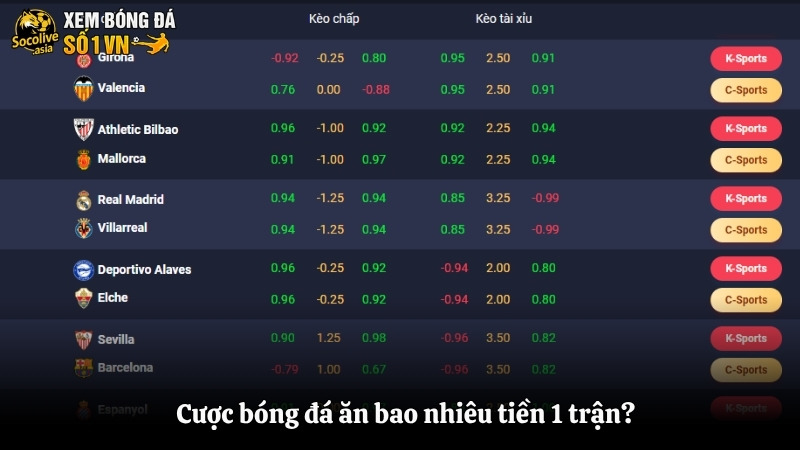 Cược bóng đá ăn bao nhiêu tiền 1 trận?